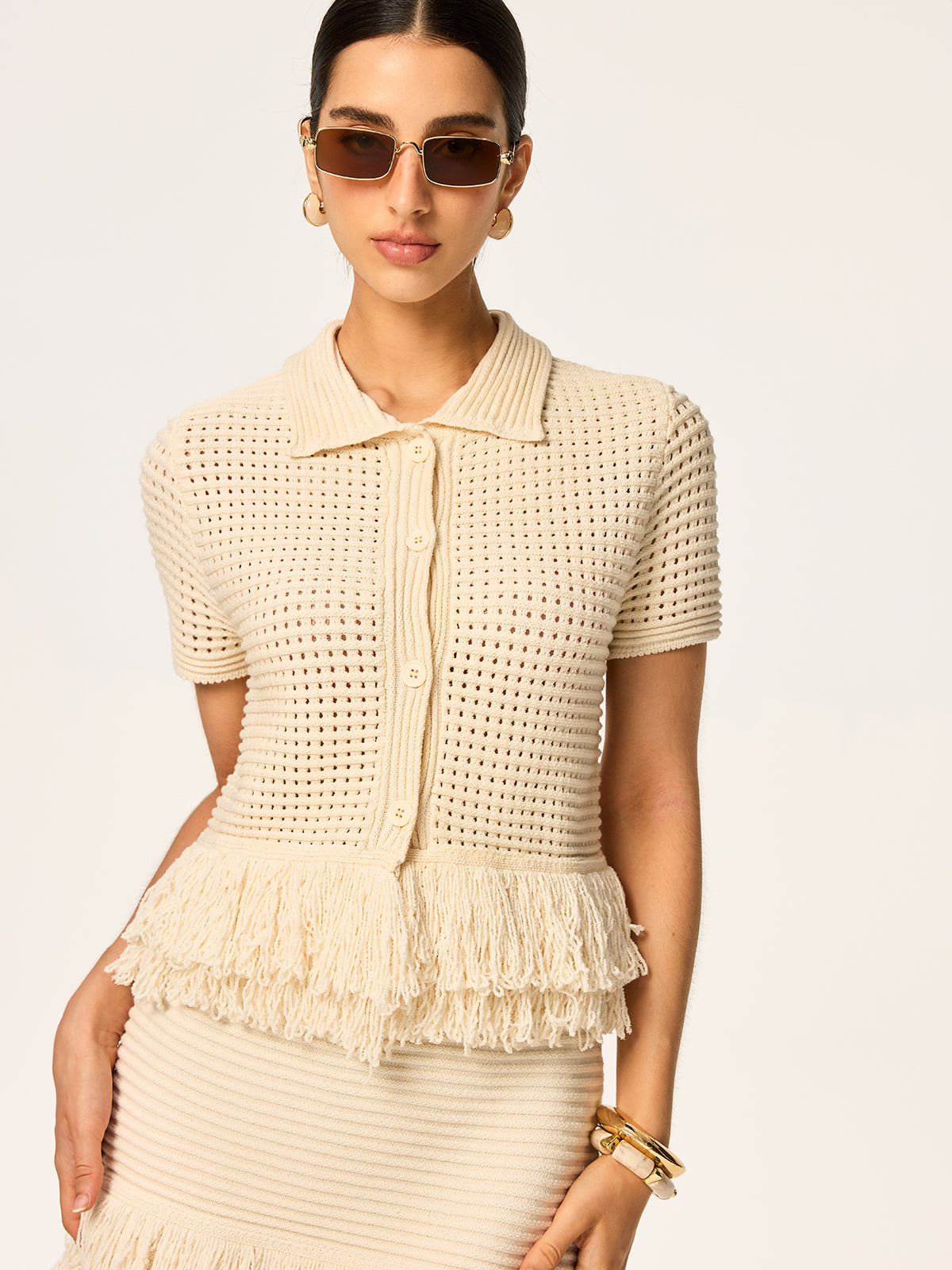 Damen Bluse Strick Mit Knopfleiste Und Fransen | Elegant
