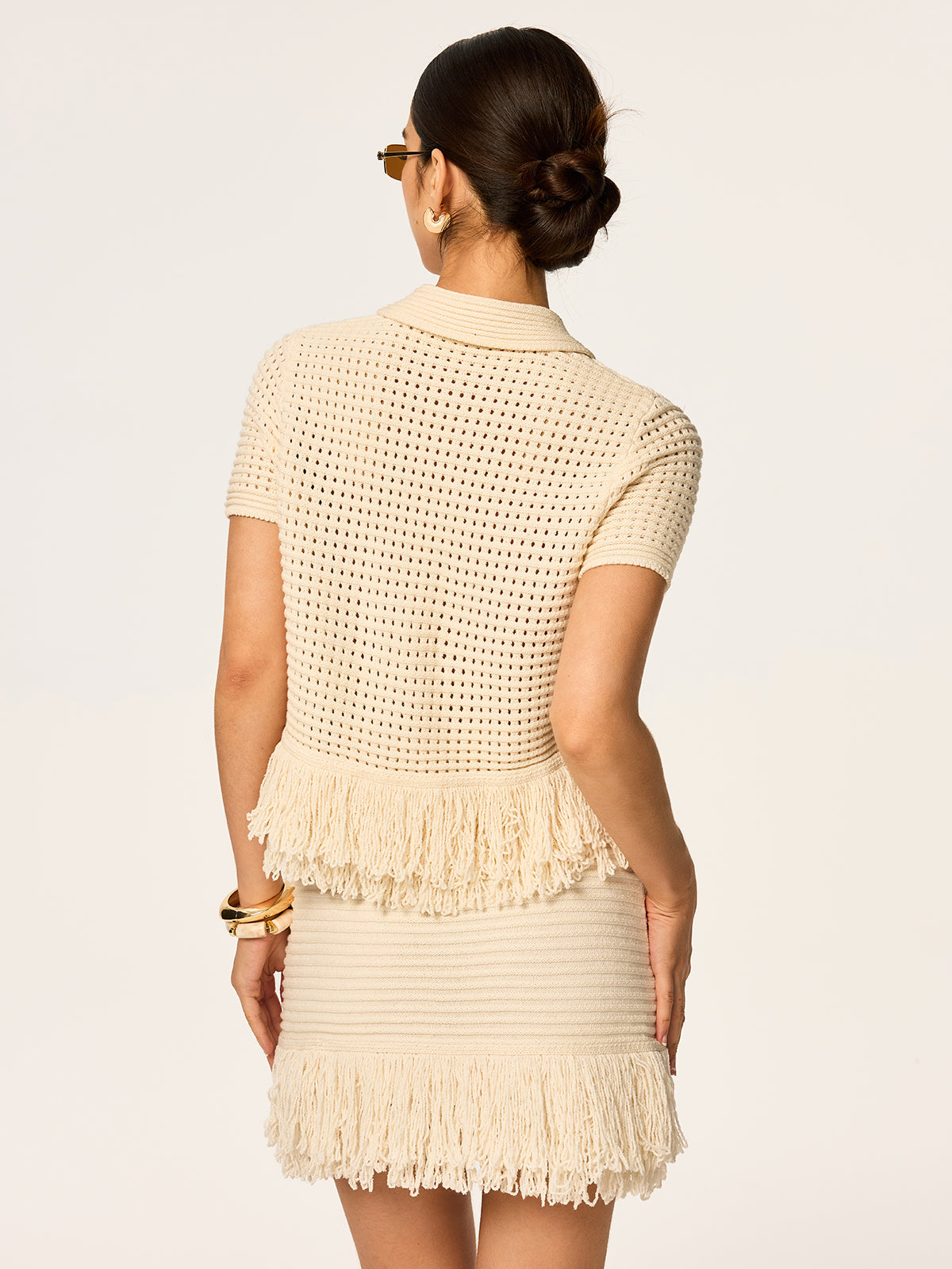 Damen Bluse Strick Mit Knopfleiste Und Fransen | Elegant