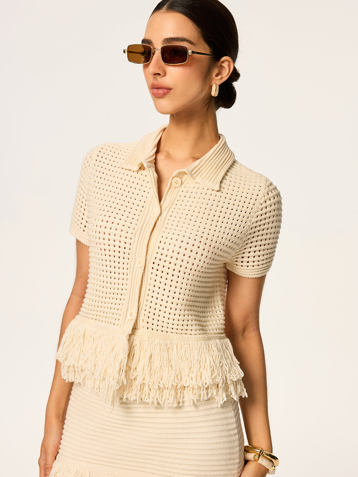 Damen Bluse Strick Mit Knopfleiste Und Fransen | Elegant