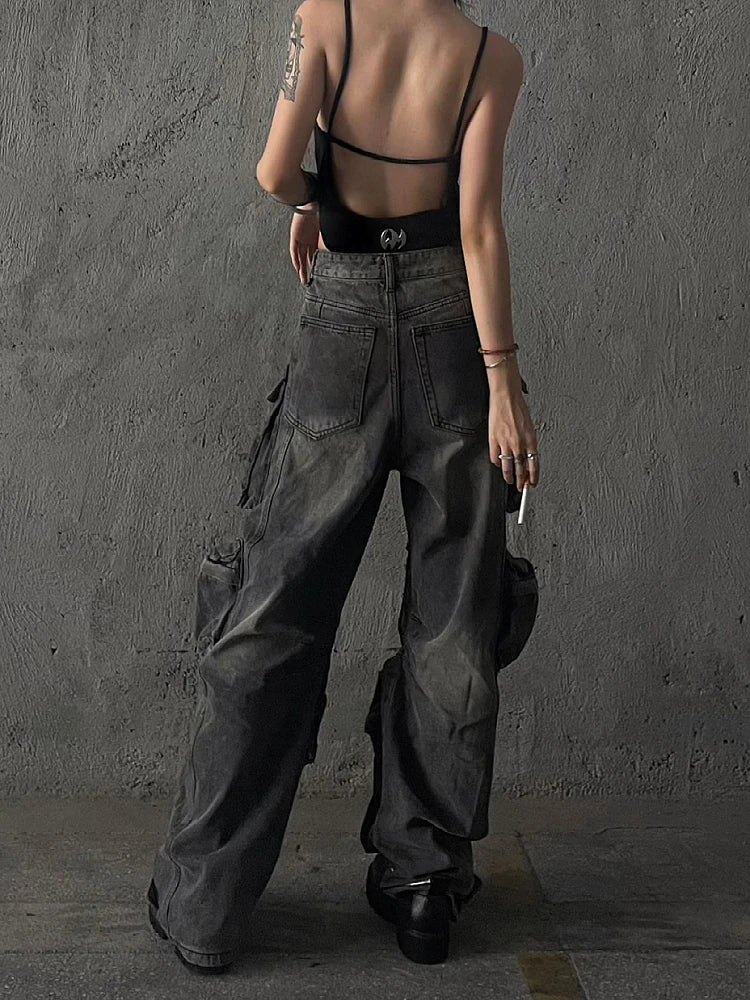 Damen Cargo Baggy Jeans Hose Mit Mehreren Taschen | Weit