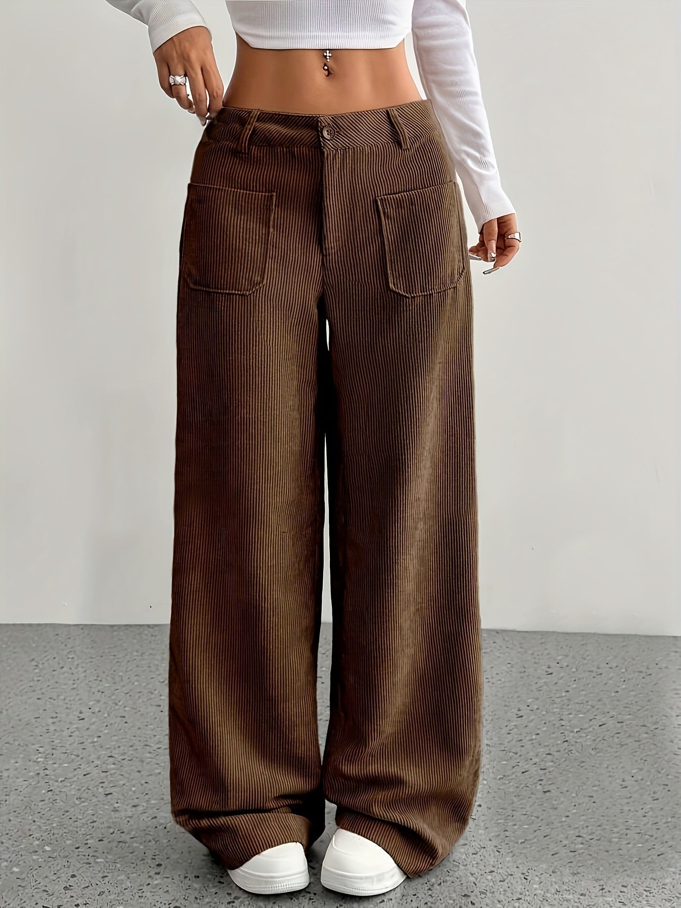 Damen Cordhose Weit Geschnitten Mit Vorderen Taschen | Baggy