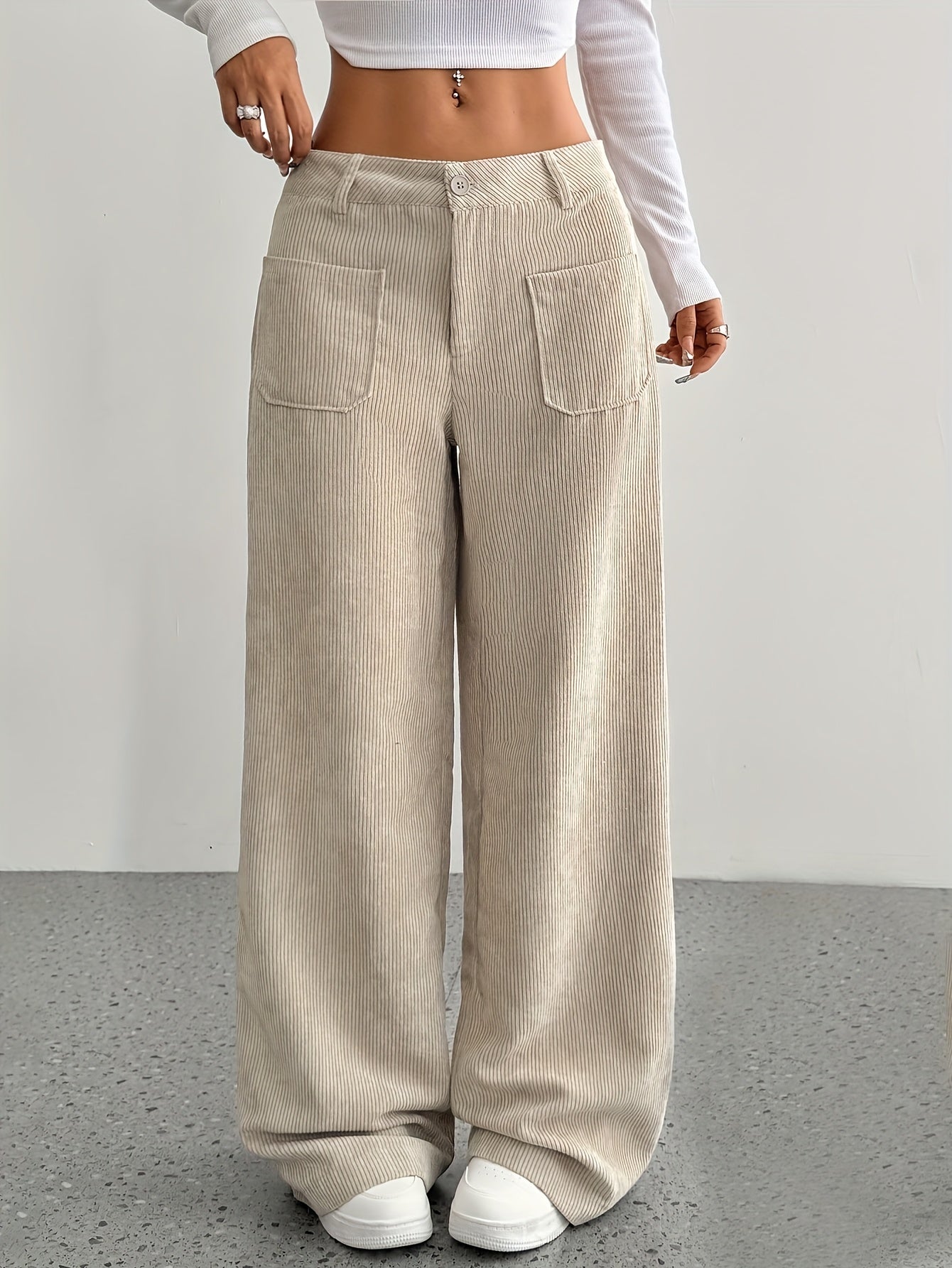 Damen Cordhose Weit Geschnitten Mit Vorderen Taschen | Baggy