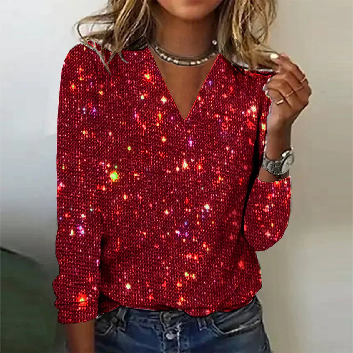 Damen Glitzer Bluse Mit V Ausschnitt | Langarm
