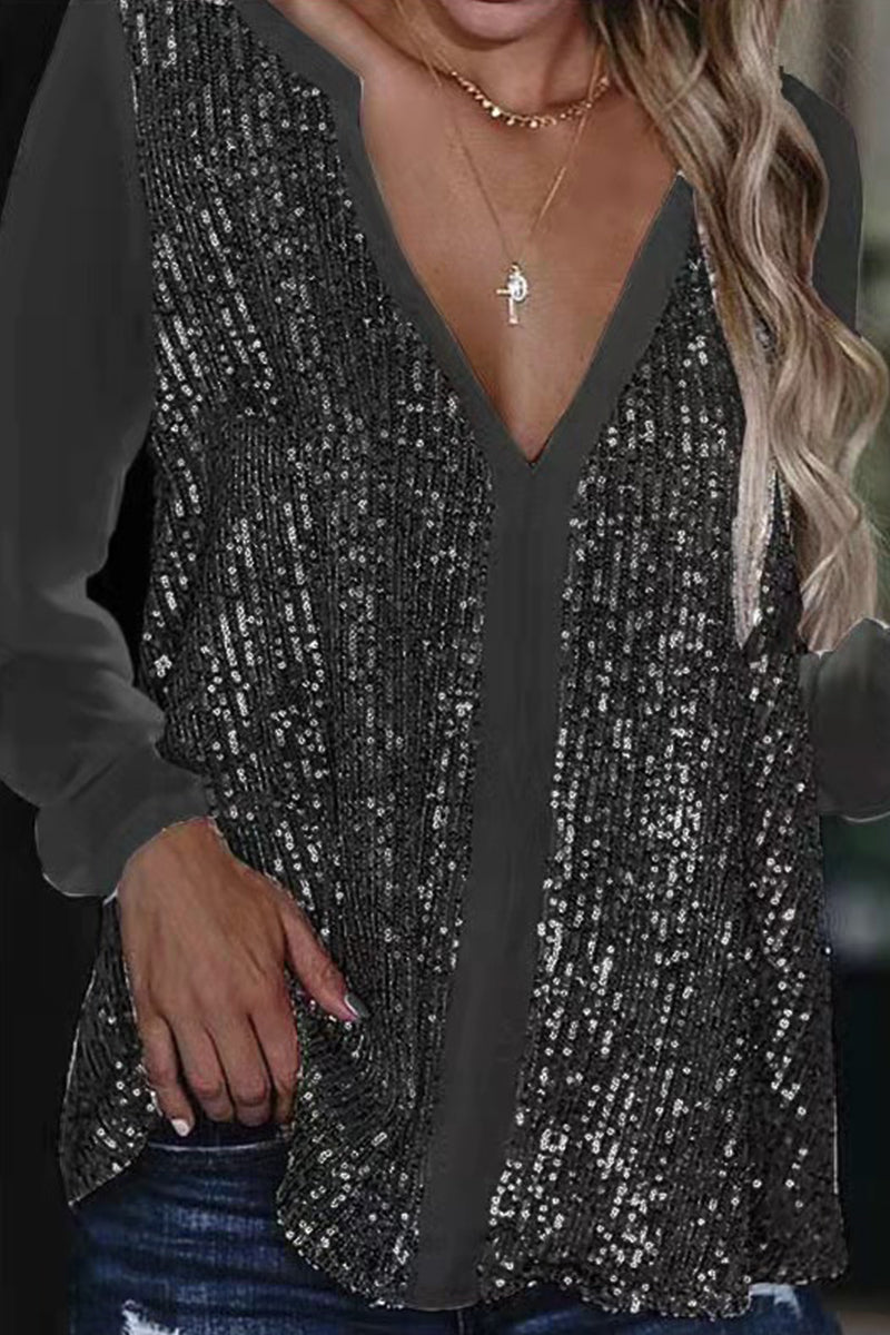 Damen Glitzer Bluse V-Ausschnitt | Elegant