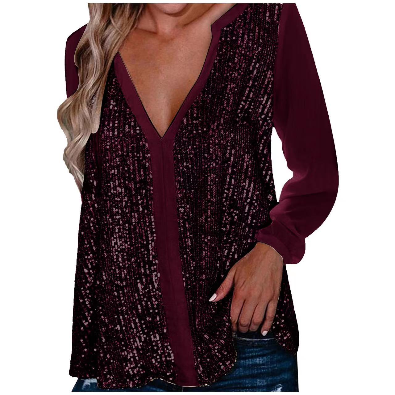 Damen Glitzer Bluse V-Ausschnitt | Elegant