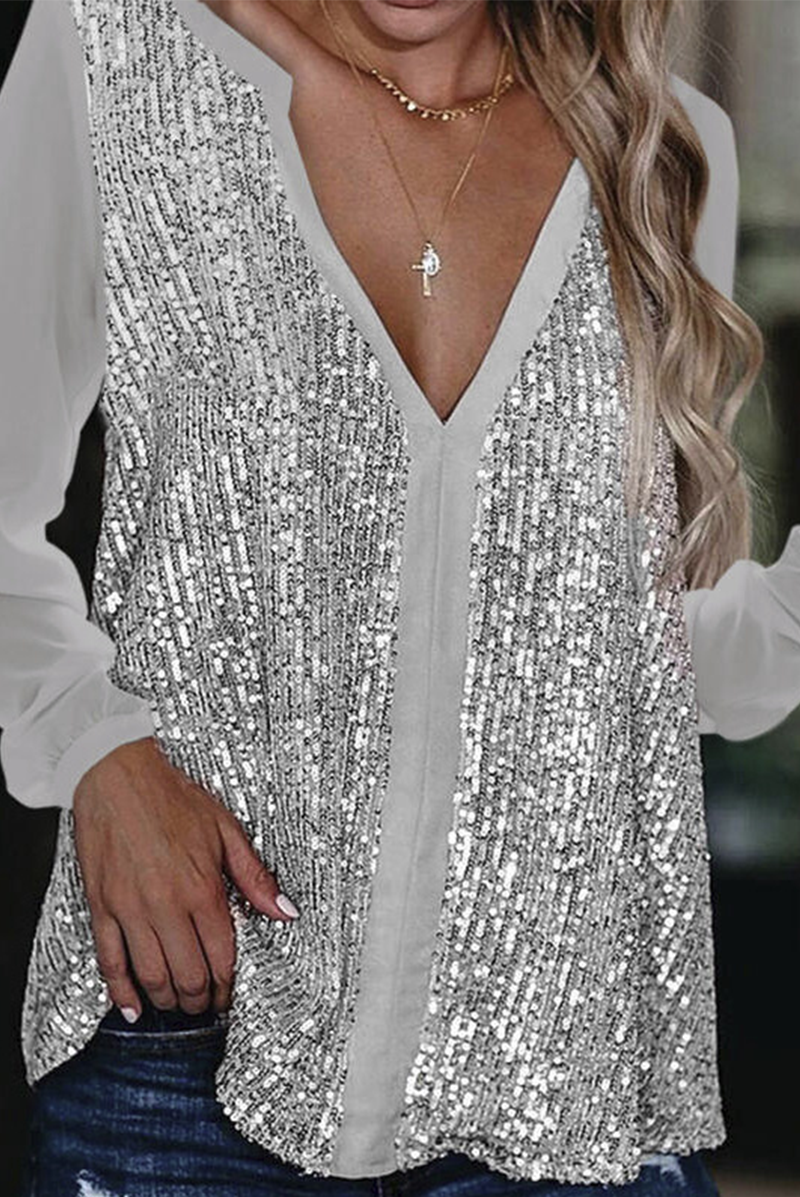 Damen Glitzer Bluse V-Ausschnitt | Elegant