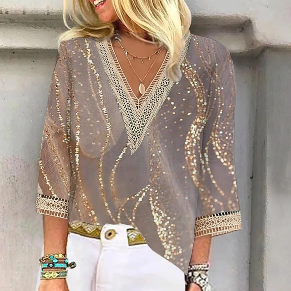 Damen Glitzer Bluse mit Spitze | Elegant & Locker