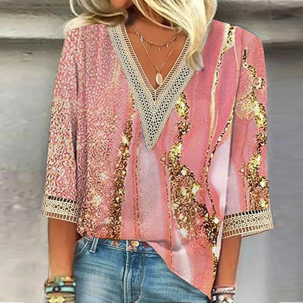 Damen Glitzer Bluse mit Spitze | Elegant & Locker