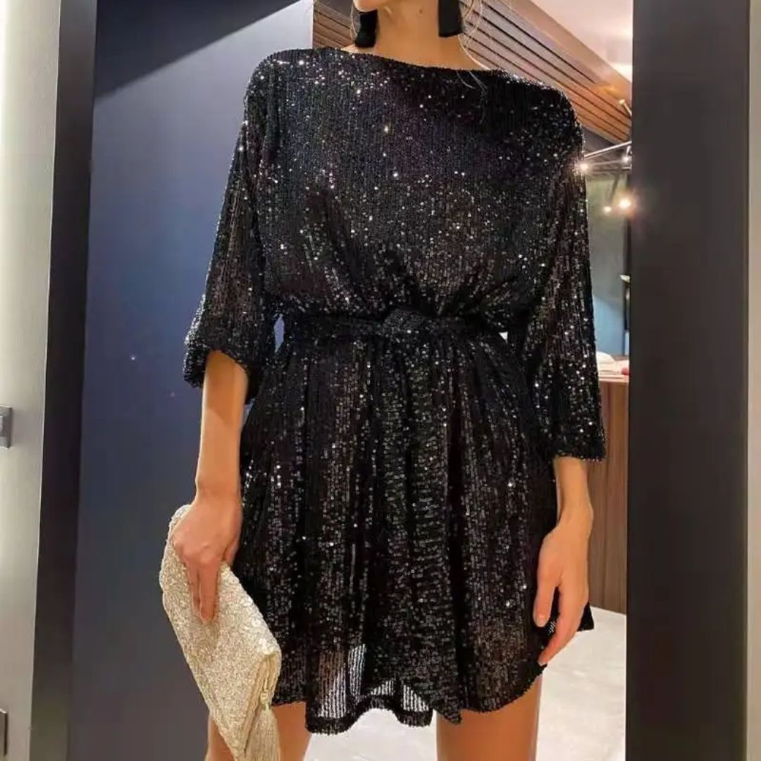 Damen Glitzer Kleid Kurz Mit Langarm | Festliche
