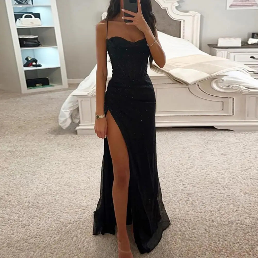 Damen Glitzer Kleid Mit Schlitz Und Spaghettiträger | Abend