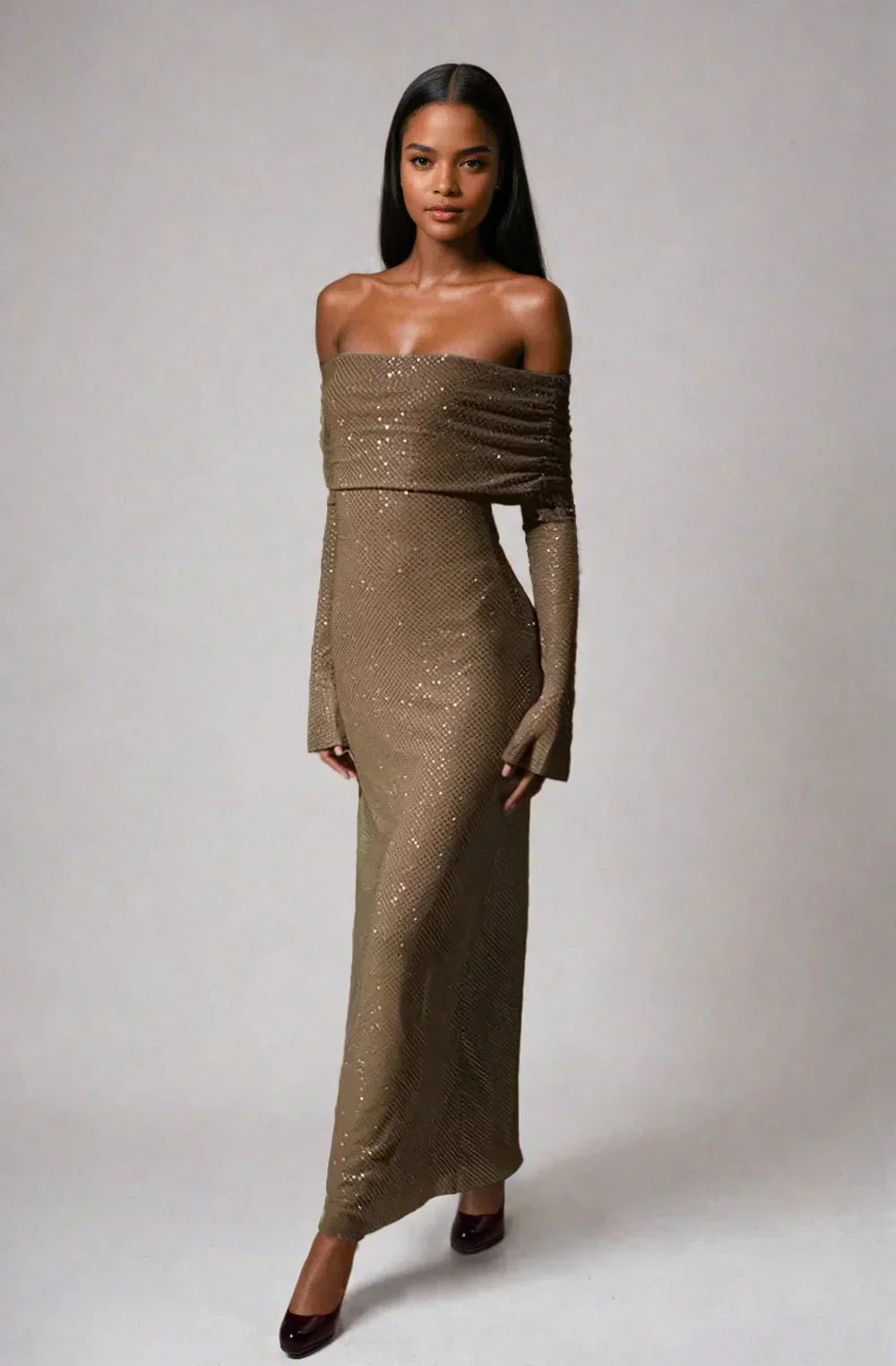 Damen Glitzer Kleid Schulterfrei Abend | Maxi