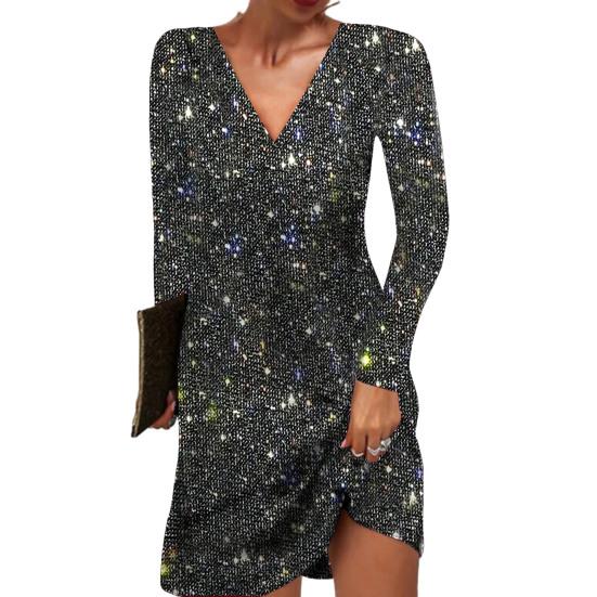 Damen Glitzer Kleid V-Ausschnitt Langarm | Kurz
