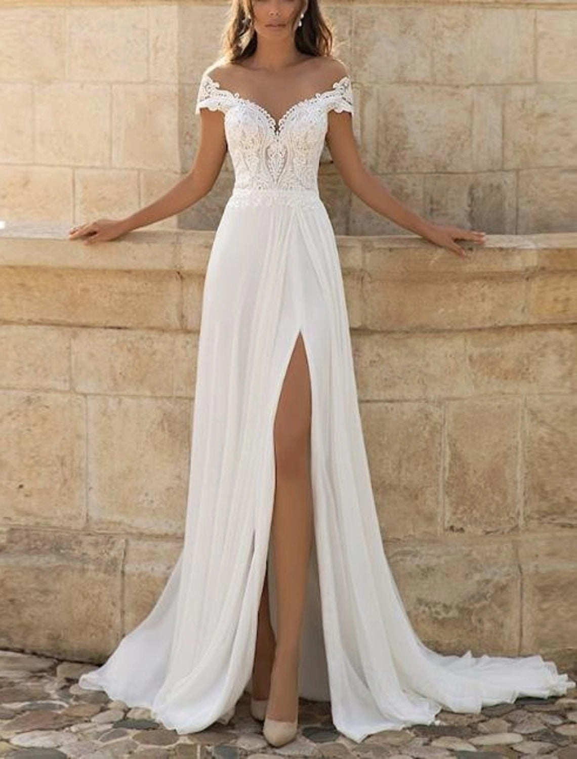 Damen Hochzeitskleidung Schulterfrei Mit Schlitz | Bodenlang