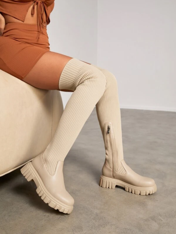 Damen Overknee Stiefel Gestrickt | Plateau