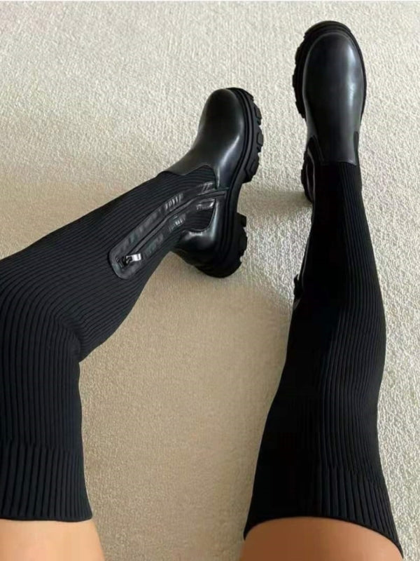 Damen Overknee Stiefel Gestrickt | Plateau