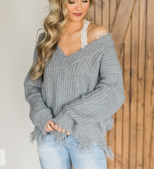 Damen Oversize Pullover Mit V Ausschnitt Und Fransen | Strick