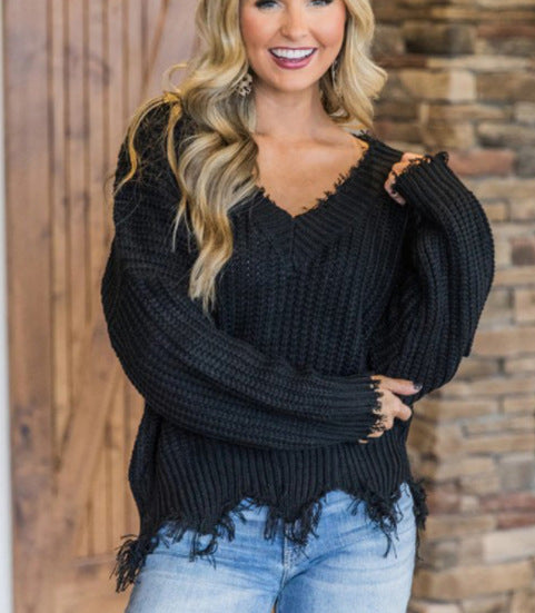 Damen Oversize Pullover Mit V Ausschnitt Und Fransen | Strick