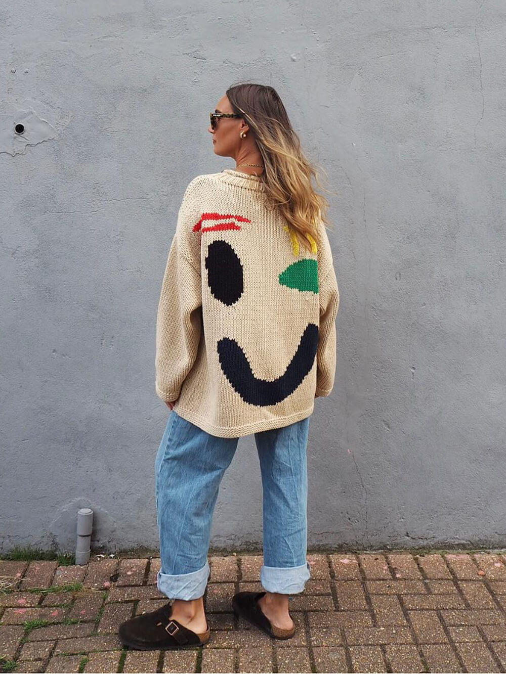 Damen Oversize Strick Pullover Mit Print | Lang