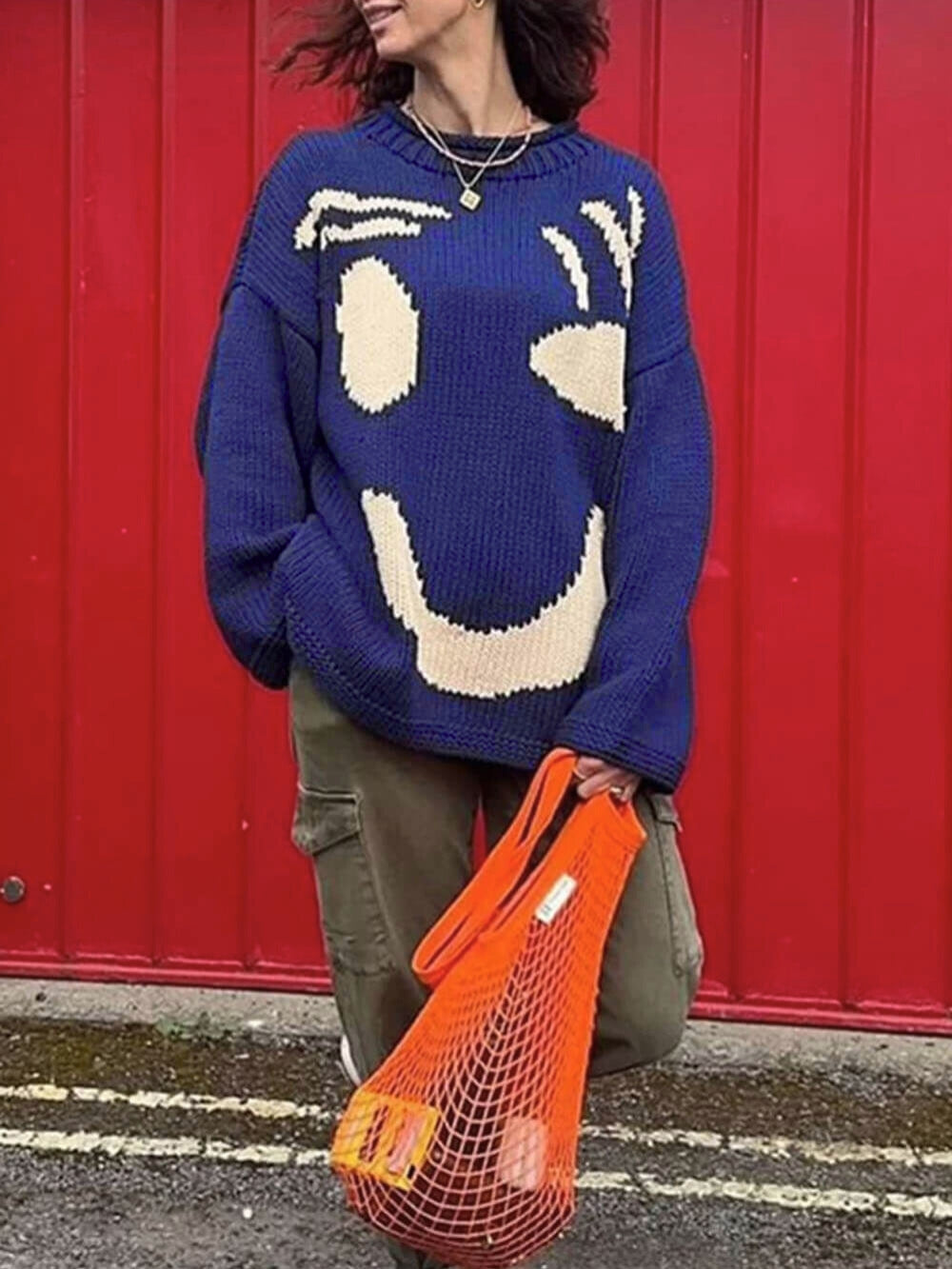 Damen Oversize Strick Pullover Mit Print | Lang