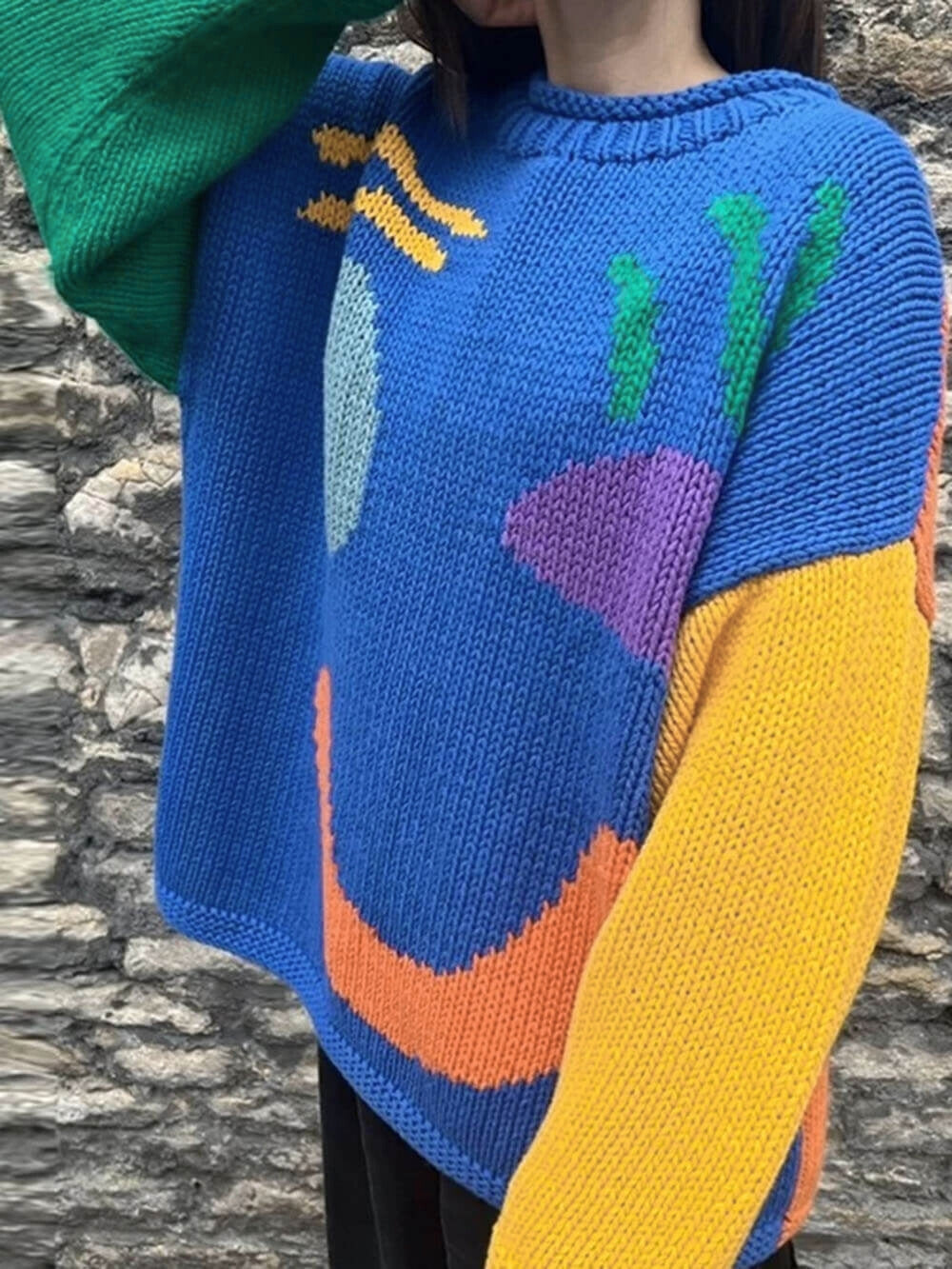 Damen Oversize Strick Pullover Mit Print | Lang