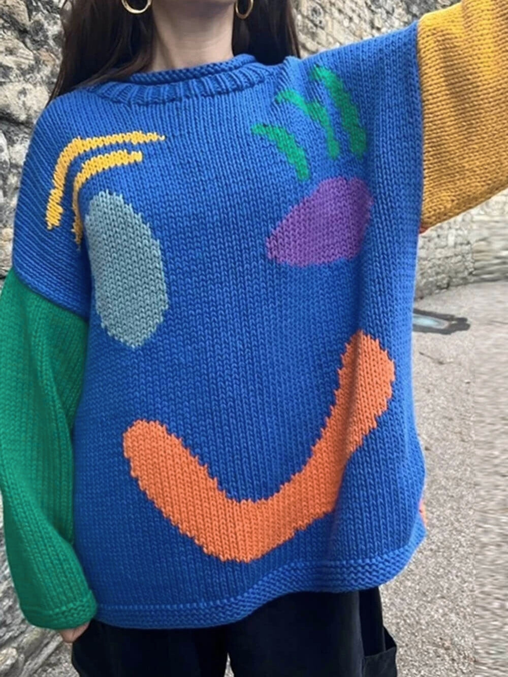 Damen Oversize Strick Pullover Mit Print | Lang