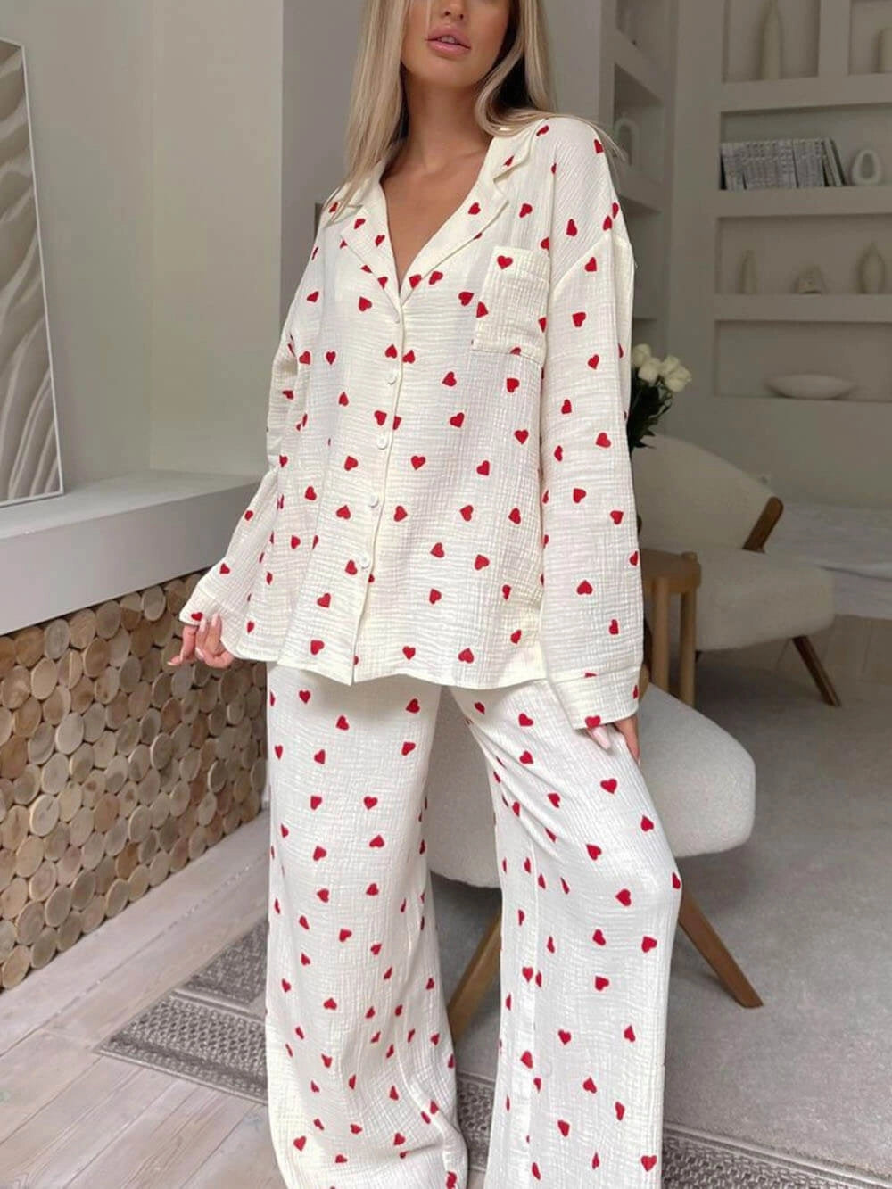 Damen Pyjama Mit Herzprint Hose Und Oberteil | Langarm
