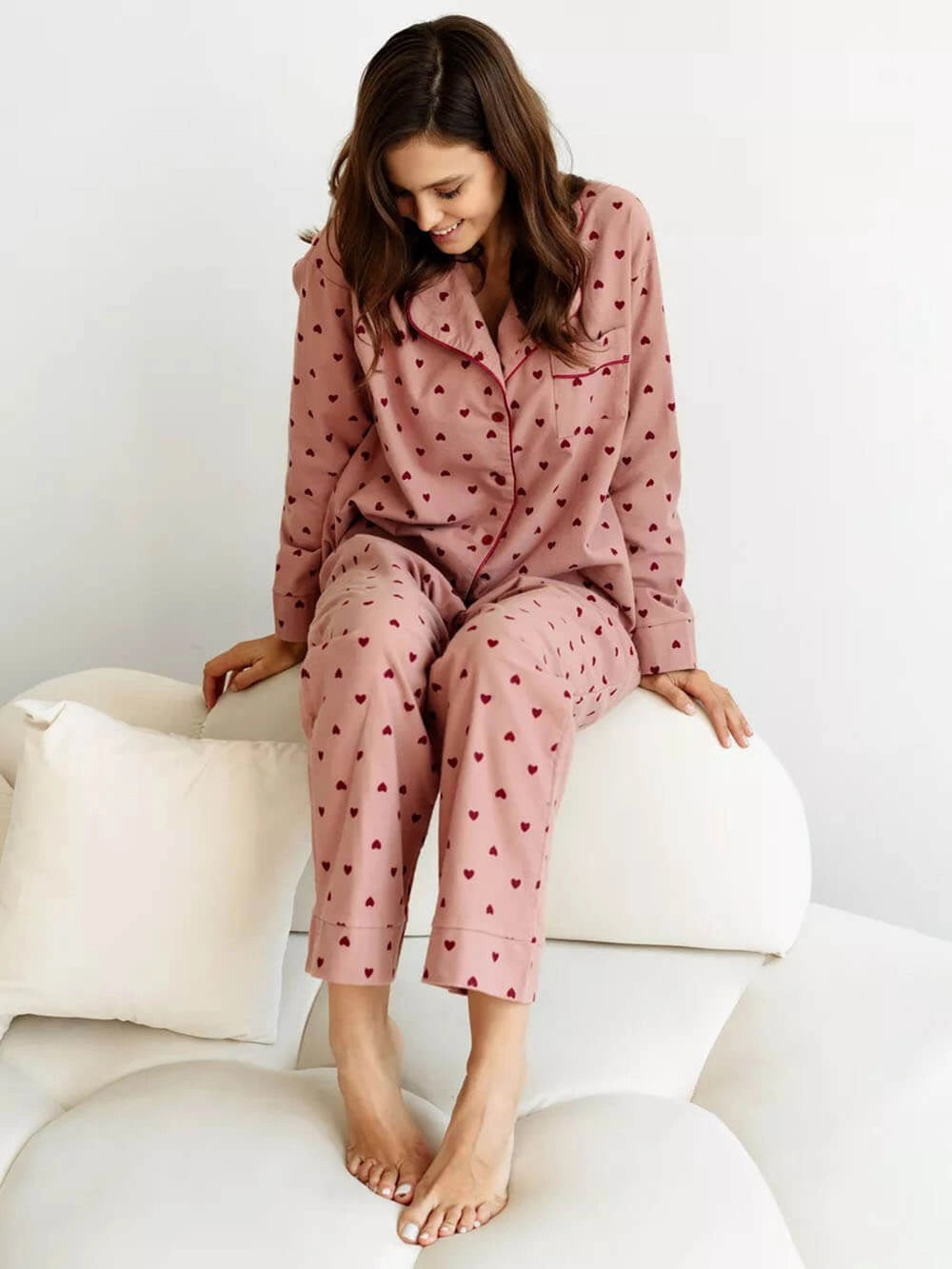 Damen Pyjama Mit Herzprint Hose Und Oberteil | Moderne