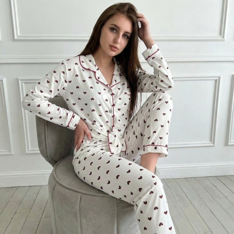 Damen Pyjama Mit Herzprint Hose Und Oberteil | Set