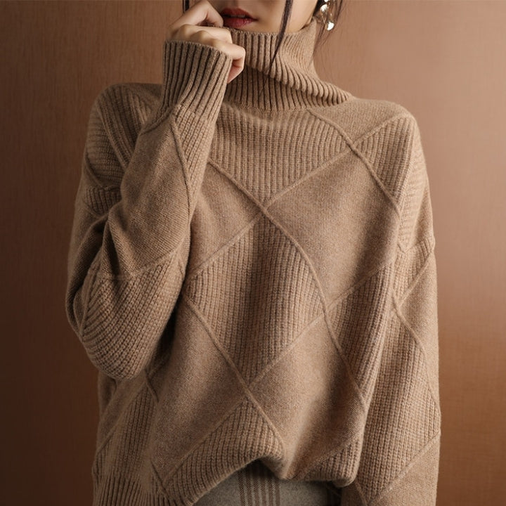 Damen Rollkragenpullover Strick Mit Rautenmuster | Warm