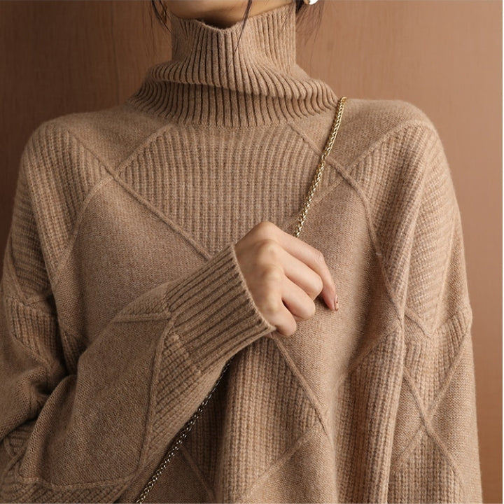 Damen Rollkragenpullover Strick Mit Rautenmuster | Warm
