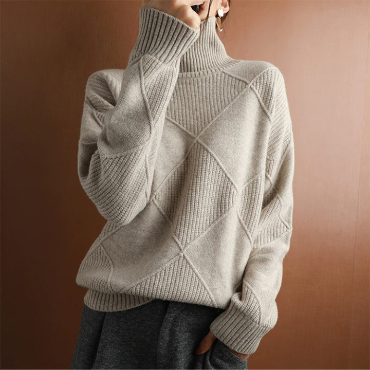 Damen Rollkragenpullover Strick Mit Rautenmuster | Warm