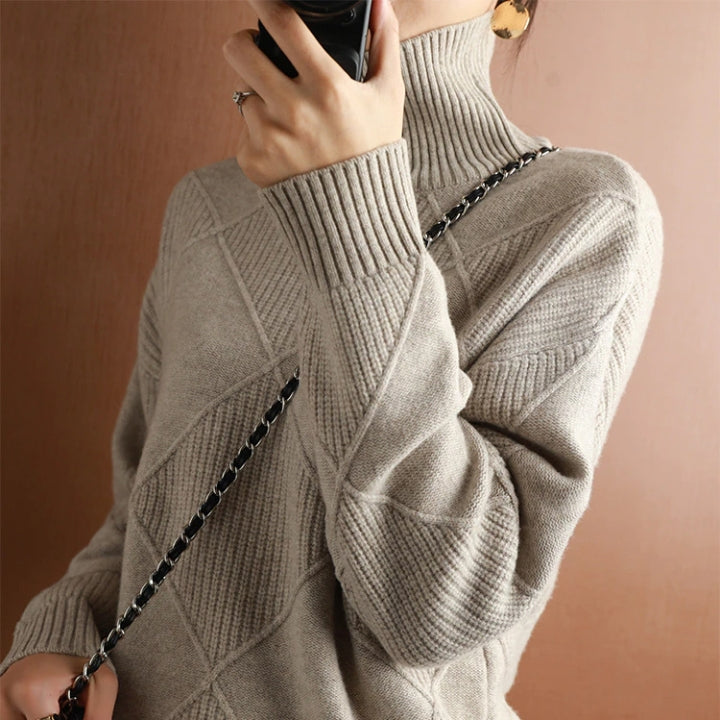Damen Rollkragenpullover Strick Mit Rautenmuster | Warm