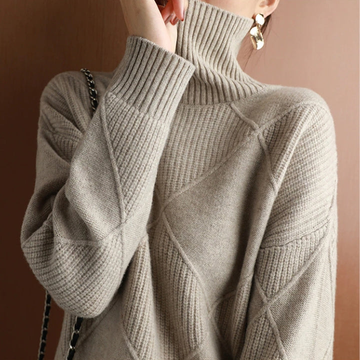 Damen Rollkragenpullover Strick Mit Rautenmuster | Warm