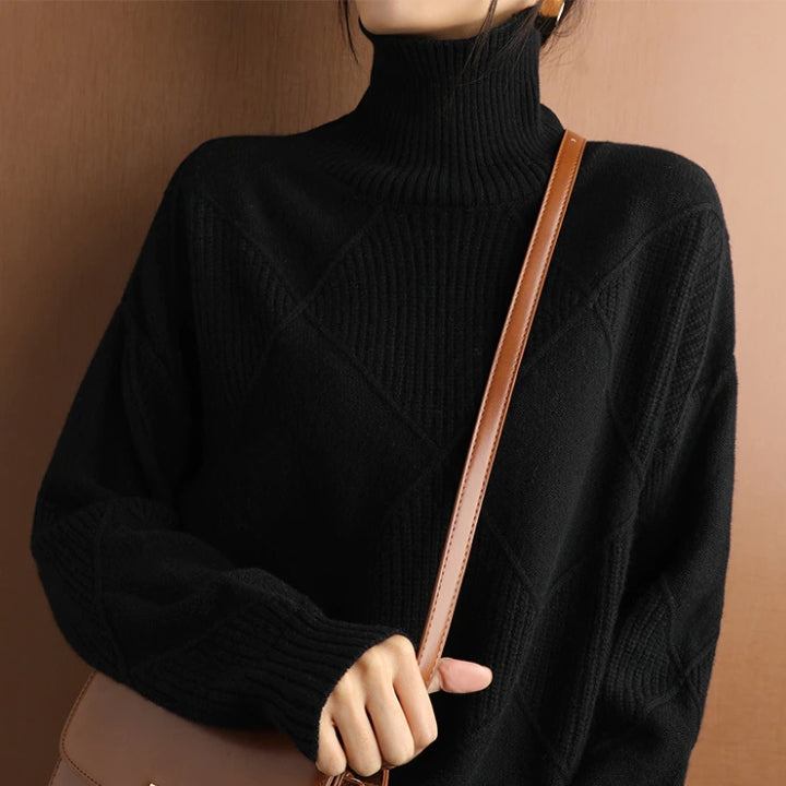 Damen Rollkragenpullover Strick Mit Rautenmuster | Warm