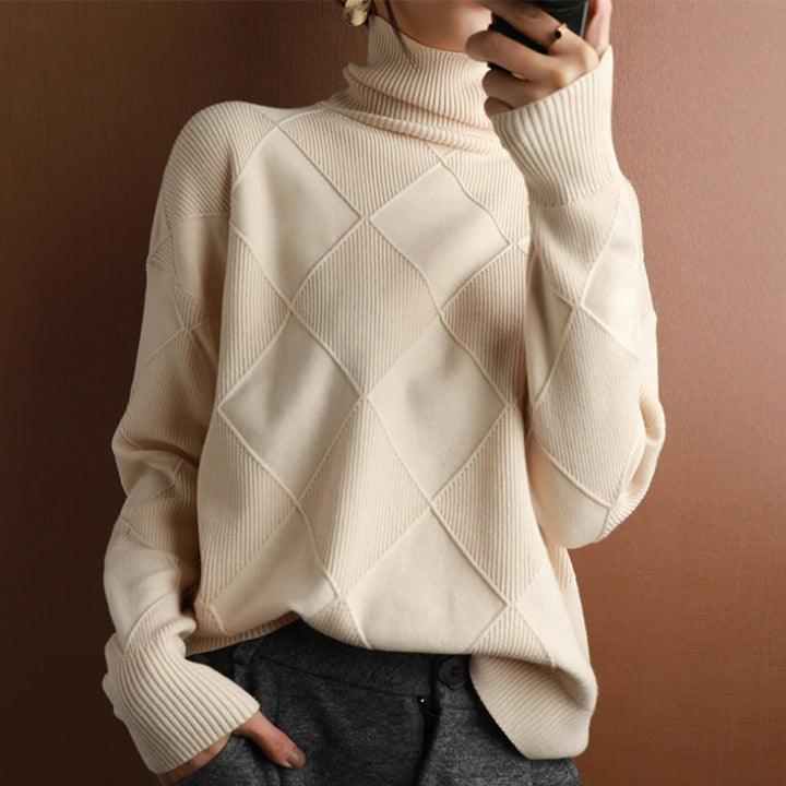 Damen Rollkragenpullover Strick Mit Rautenmuster | Warm