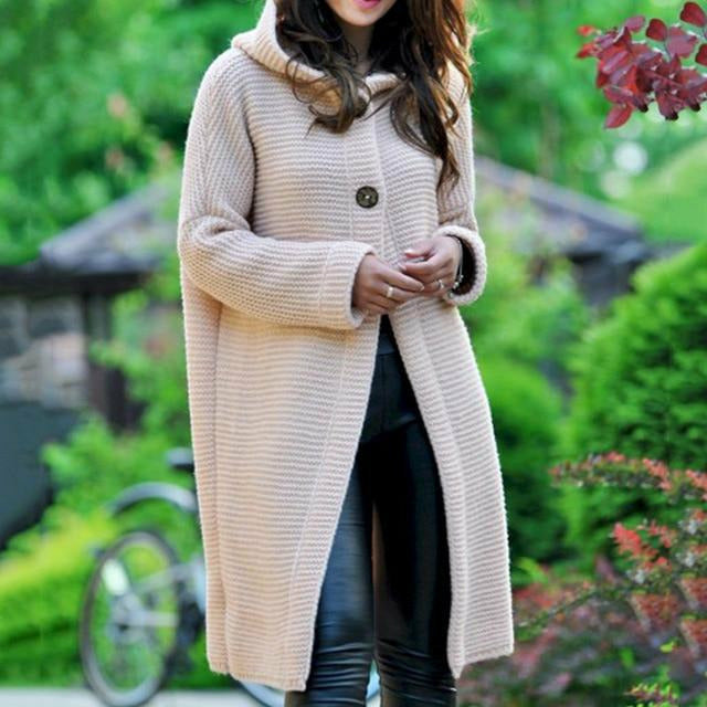 Damen Strickjacke Lang Mit Kapuze | Warm