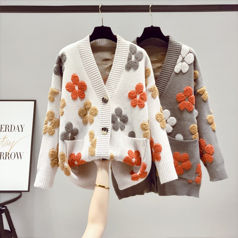 Damen Strickjacke Mit Blumenmuster | Warm
