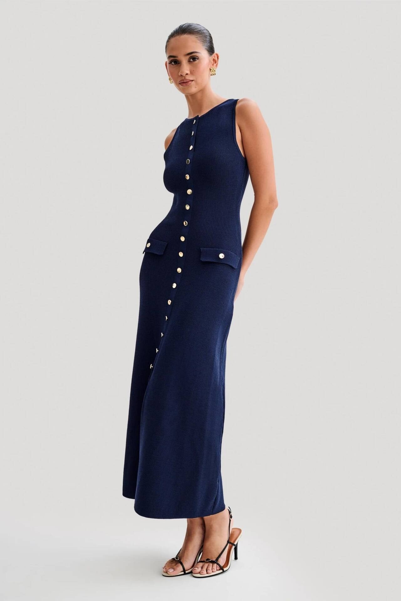 Damen Strickkleid Ärmellos Mit Taschen | Maxi