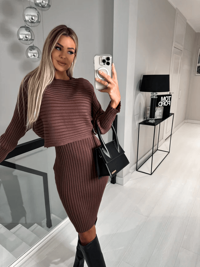Damen Strickkleid Langarm Mit Pullover | Midi