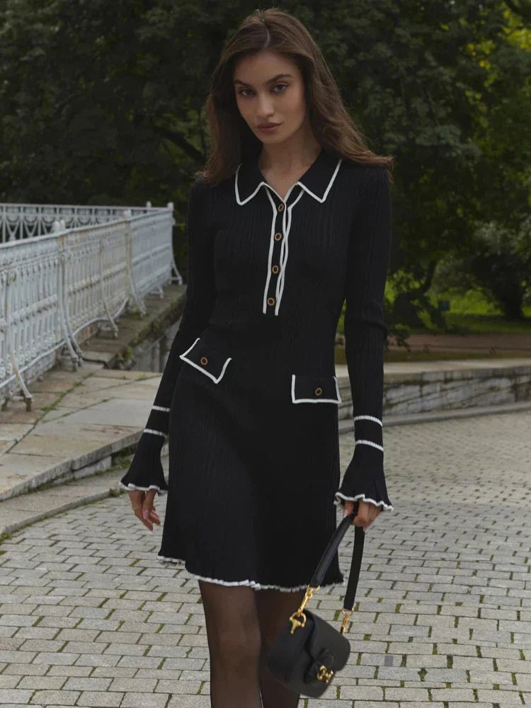 Damen Strickkleid Mit Kragen Langarm | Midi