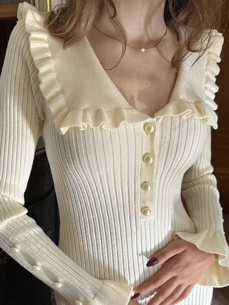 Damen Strickkleid Mit Kragen Langarm | Midi
