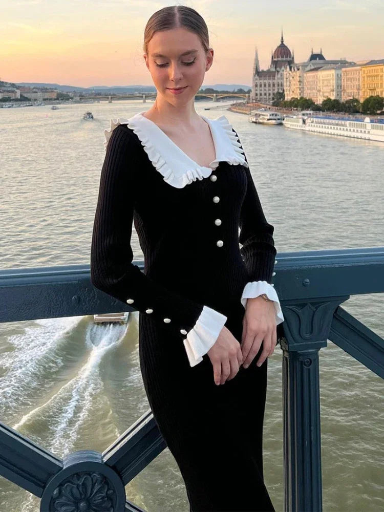 Damen Strickkleid Mit Kragen Langarm | Midi