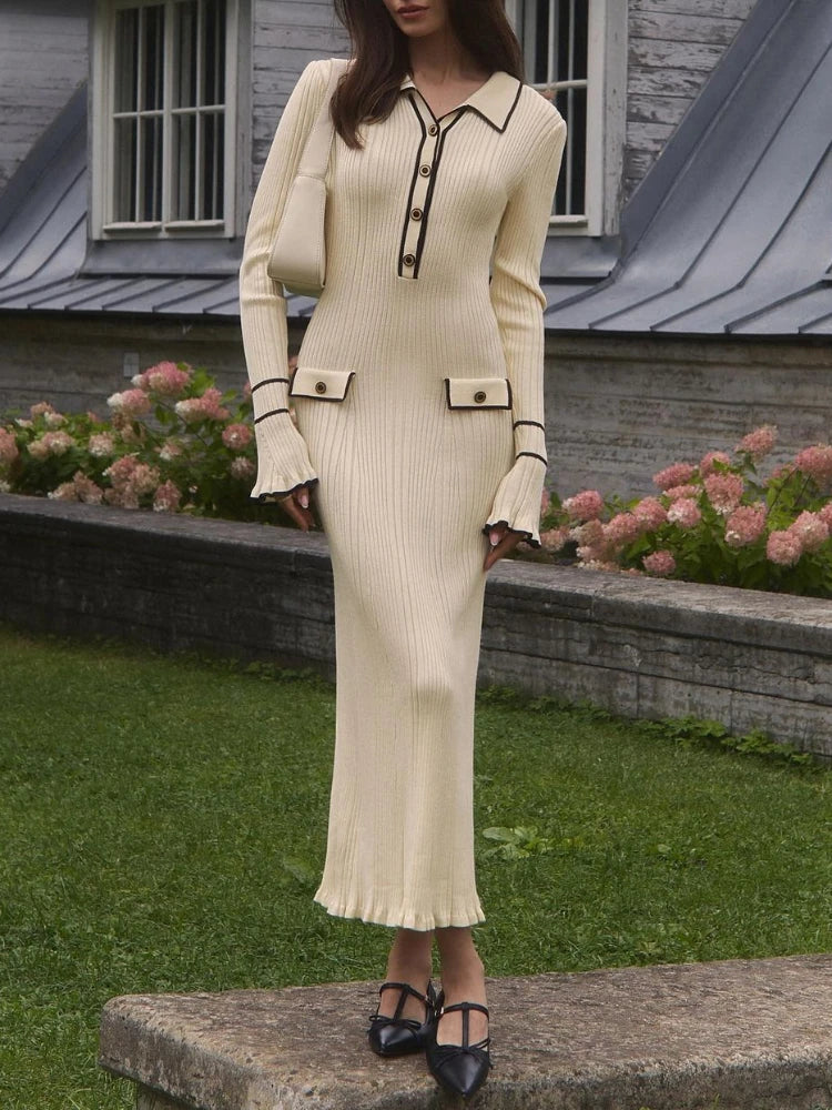 Damen Strickkleid Mit Kragen Langarm | Midi