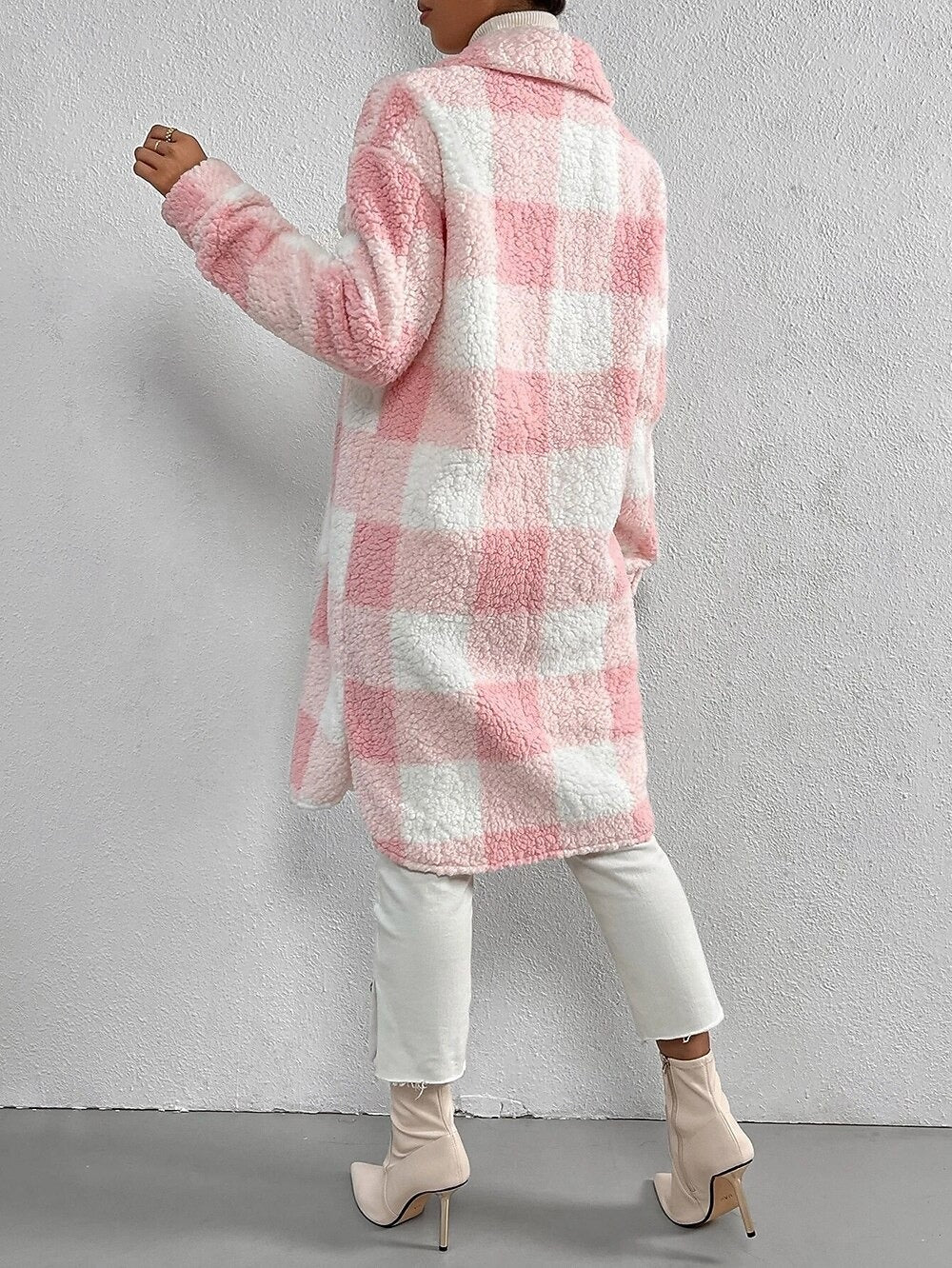 Damen Teddy Mantel Kariert Mit Taschen | Lang