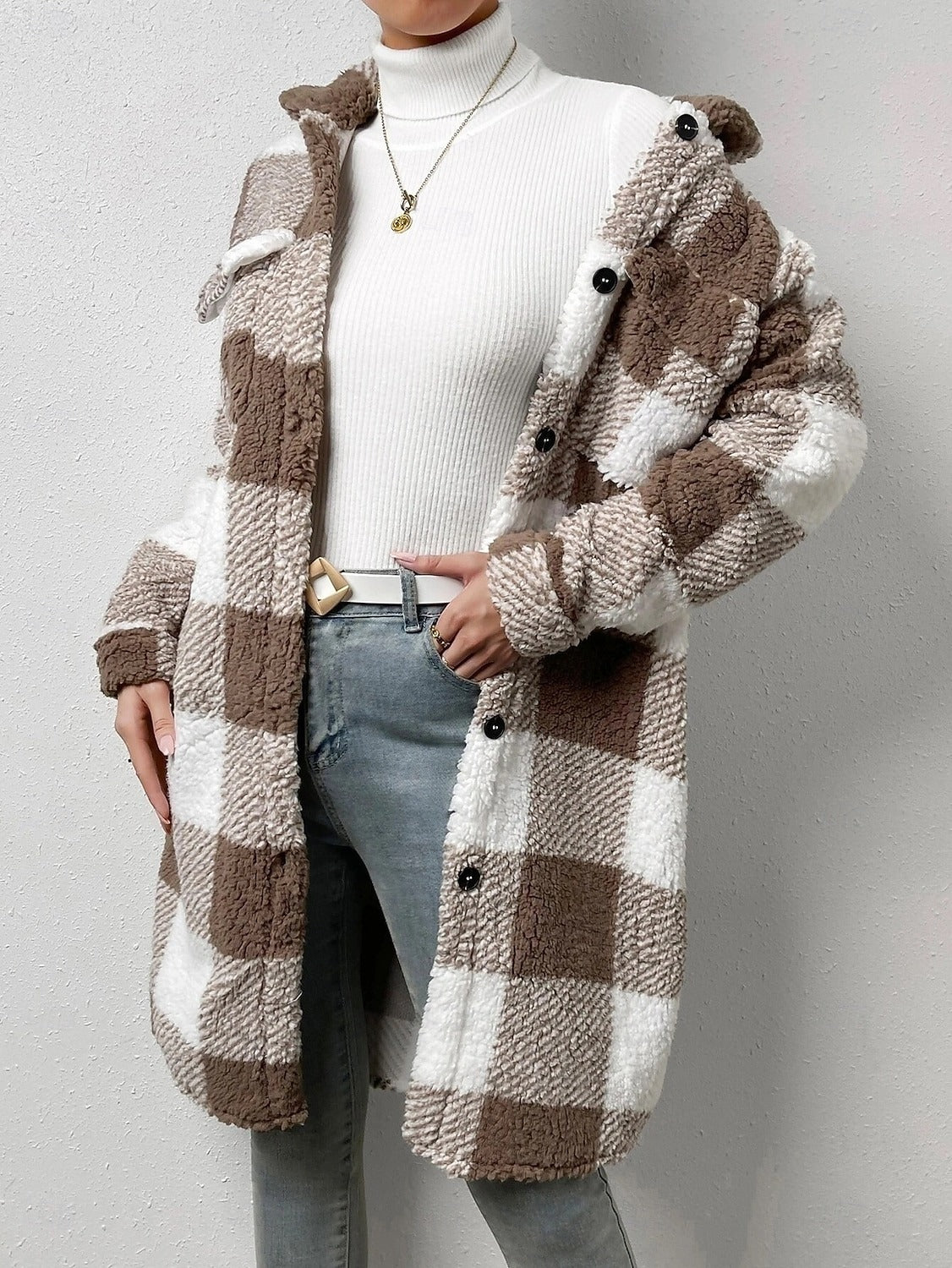 Damen Teddy Mantel Kariert Mit Taschen | Lang