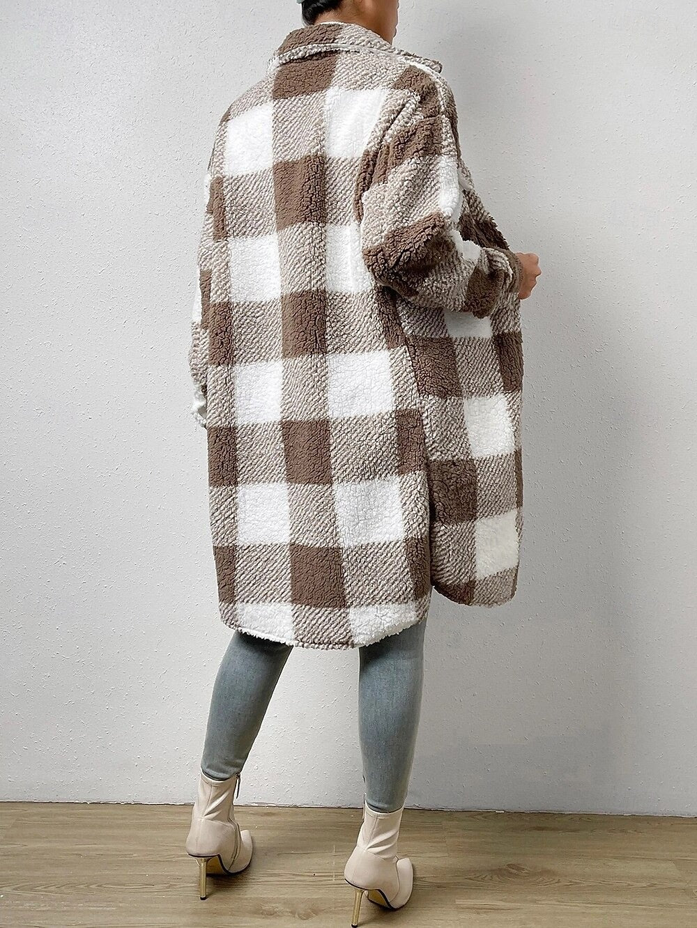 Damen Teddy Mantel Kariert Mit Taschen | Lang