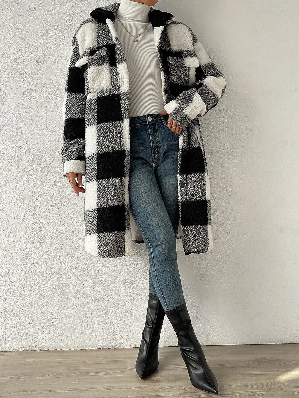 Damen Teddy Mantel Kariert Mit Taschen | Lang