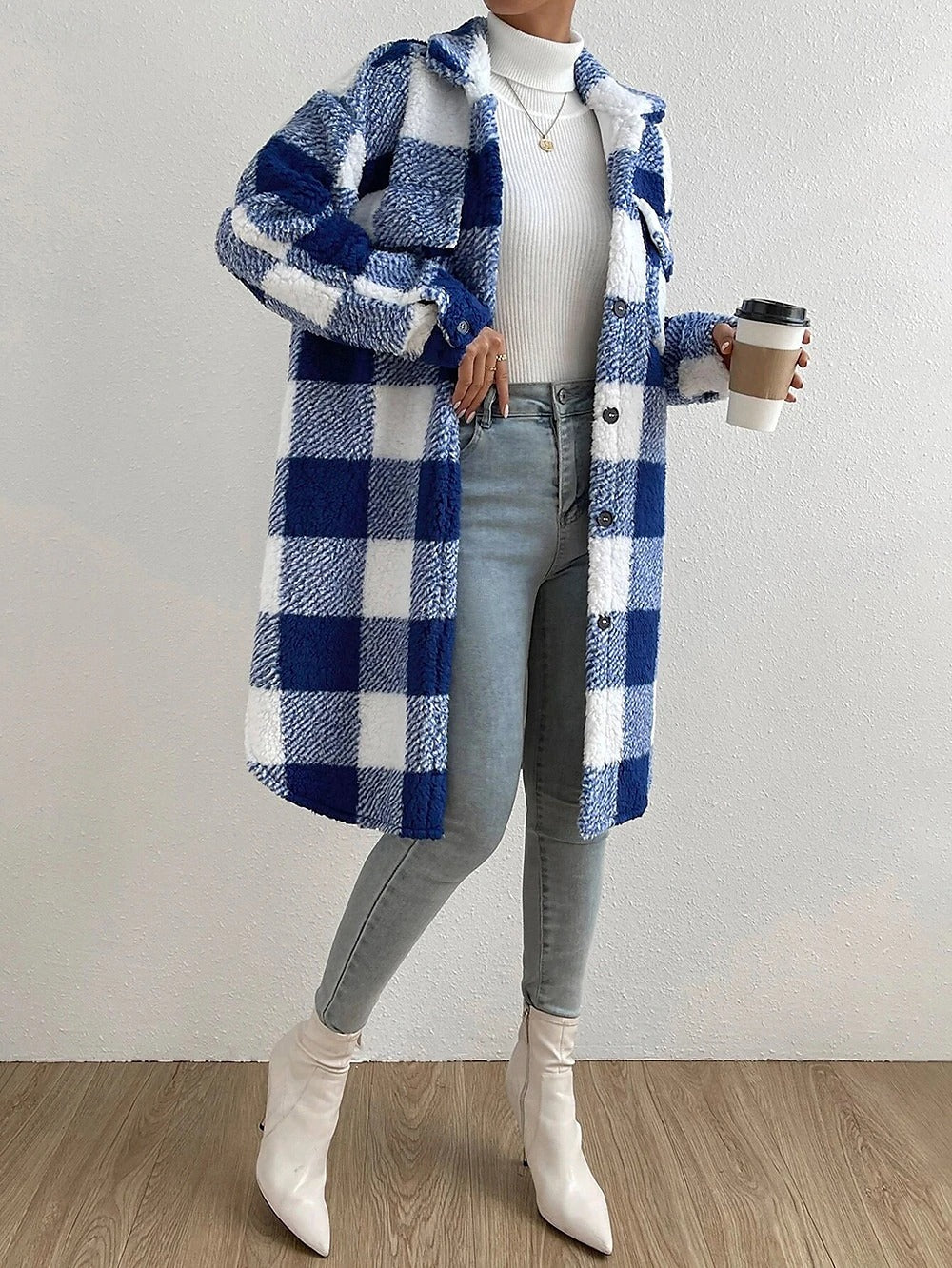 Damen Teddy Mantel Kariert Mit Taschen | Lang