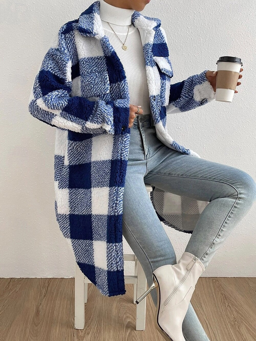 Damen Teddy Mantel Kariert Mit Taschen | Lang