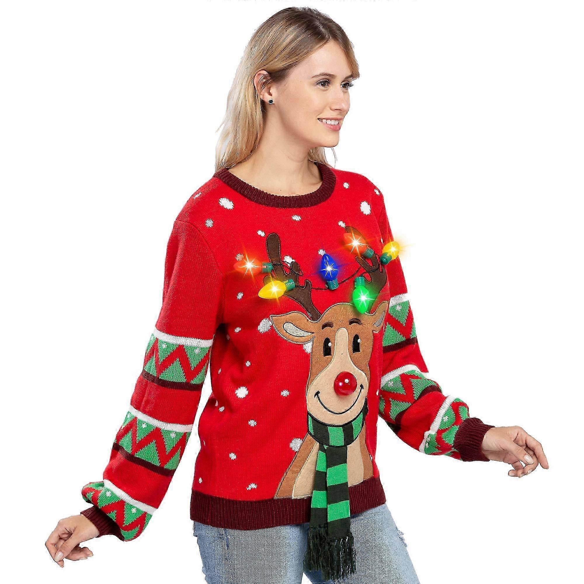 Damen Ugly Christmas Pullover Mit Rentier & Lichtern | Warmer Strick